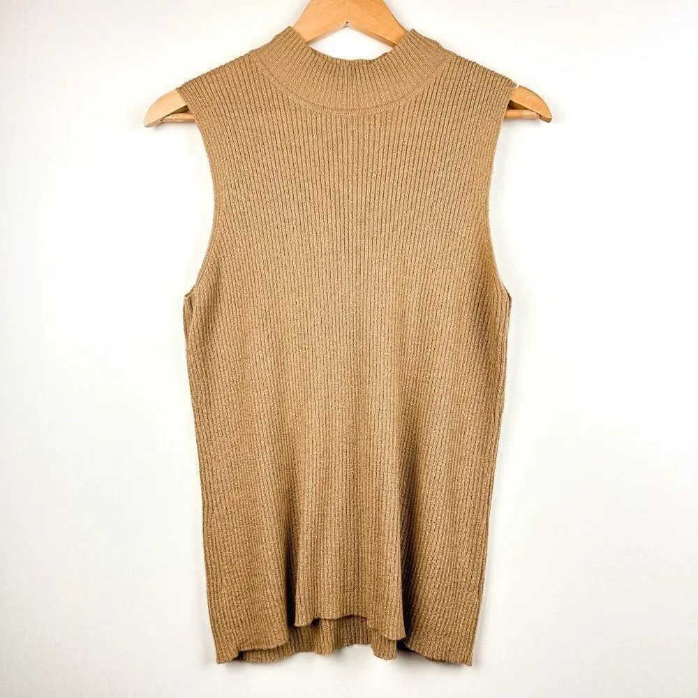 Vintage Villager Liz Claiborne Petite Mock Neck Sleeveless Brown Tan Knit Top